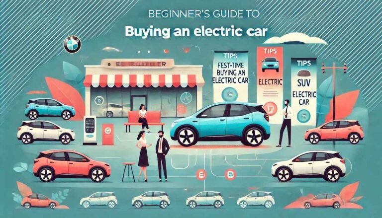 Banner for 'Beginner’s Guide to Buying an Electric Car' featuring a variety of EVs at a dealership.