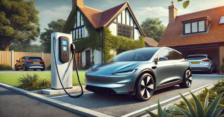 Electric car charging at a home station in the UK, illustrating electric car costs UK savings on fuel and maintenance.