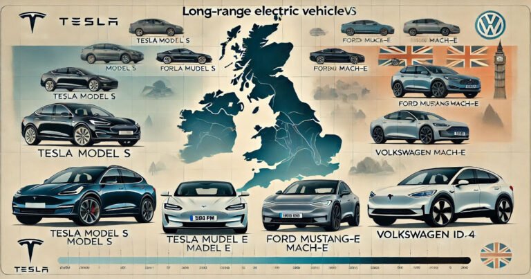 Comparison chart of Tesla Model S, Ford Mustang Mach-E, and Volkswagen ID.4 against a UK map backdrop.