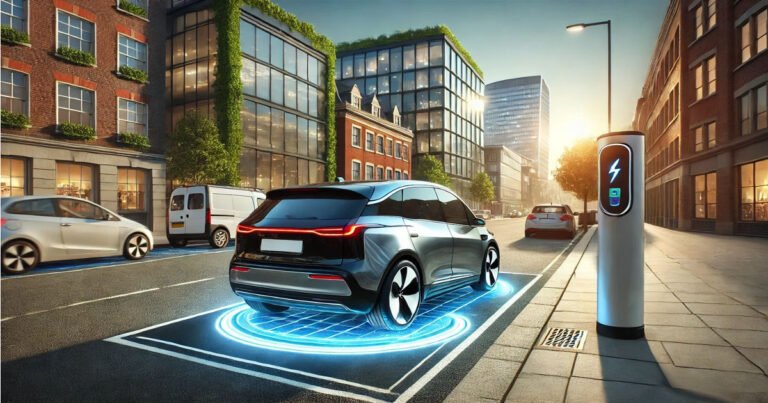Wireless EV charging in the UK, with a modern electric car on a charging pad, no cables, and a smart cityscape in the background.