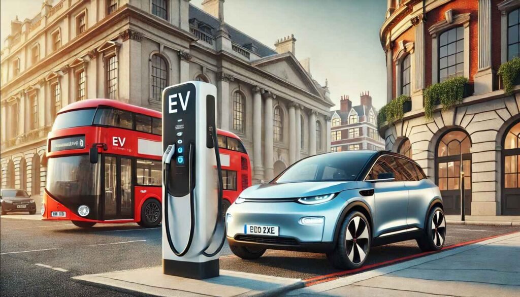 Modern electric vehicle standing next to a charging station in a UK city, highlighting the environmental impact of electric vehicles, with British architecture and a red double-decker bus in the background