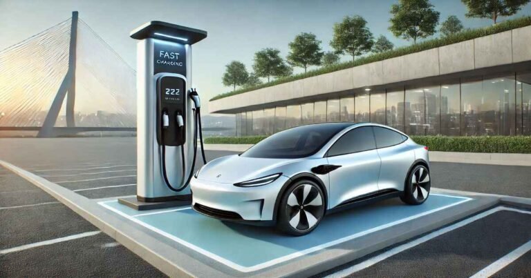 Modern electric vehicle at a fast charging station with a concealed connection, symbolizing eco-friendly innovation and clean energy technology.