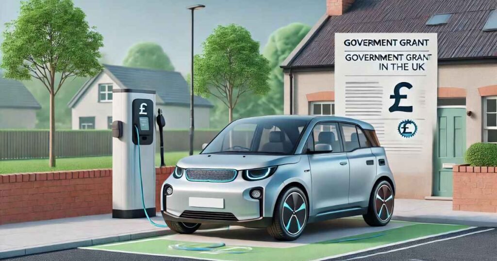 Modern electric vehicle parked near a home charging station, symbolizing UK government grants and eco-friendly driving.