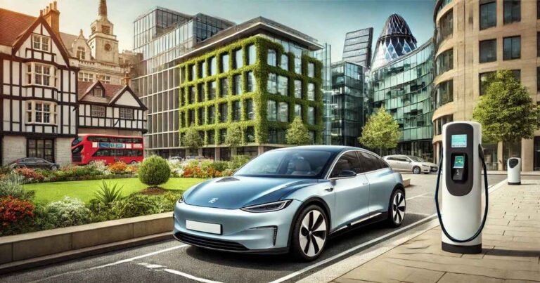 Modern electric car in a UK city, symbolizing eco-friendly driving and affordable options with an electric car lease no deposit