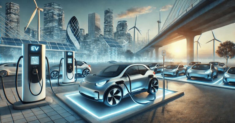 An infographic showing the future of EV charging infrastructure in the UK, including predictions for 2030 and key technological advancements like smart grids and V2G technology.