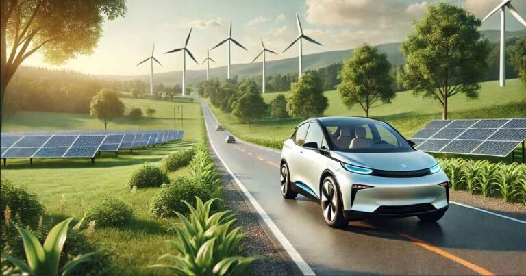 Electric car driving on a UK road, promoting sustainable transport.