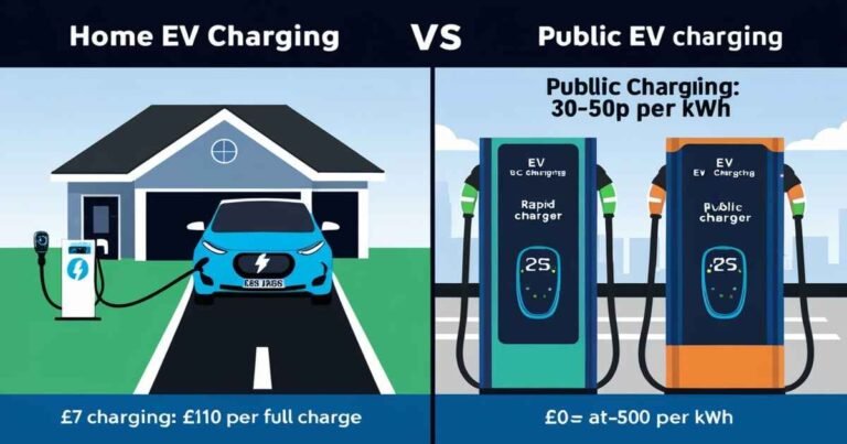Cost comparison: home vs. public charging, highlighting UK EV charging costs and convenience differences.